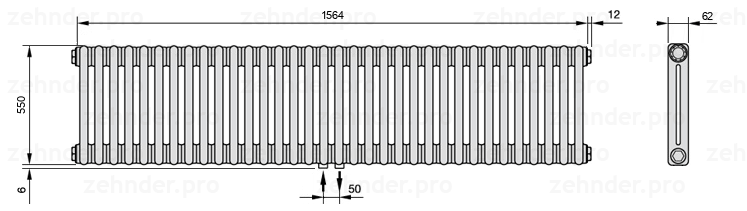 Схема (чертеж) Радиатор Zehnder Charleston 2055/34 №3470 Белый глянцевый RAL 9016